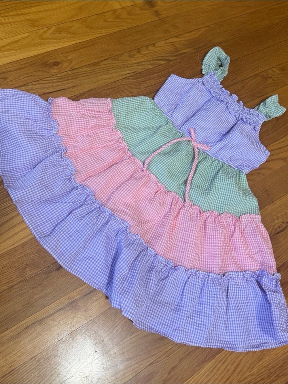 Girls Pastel Gingham Tiered Dress